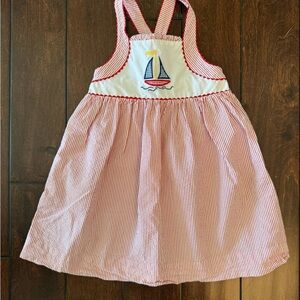 Little English Red and White Striped Seersucker Dress with Sailboat Embroidery